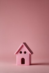 A small pink toy house against a matching pink background, centered with a soft focus