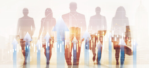 Businesspeople analyzing financial growth charts and data on digital screen