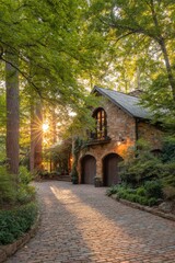 Obraz premium Rustic stone building at the end of a cobblestone driveway, sunlight filtering through trees