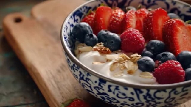 This vibrant close-up shot features a beautifully prepared bowl of creamy yogurt, generously topped with a colorful medley of fresh berries, including sliced strawberries, plump blueberries, and juicy