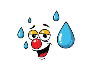 Funny cartoon face with water drops and a red nose