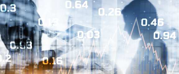 Business infographics on abstract city background. Histograms and lines with percentages icons