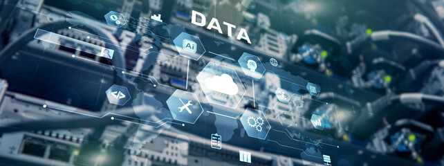 Cloud server and computing, data storage and processing on server background