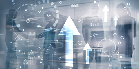 Business intelligence dashboard and arrows up, key performance indicators on a virtual screen computer interface