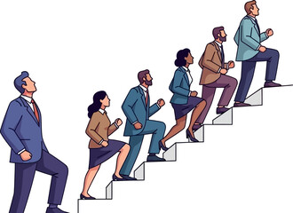 Business people climbing career ladder steps led by executive towards professional growth and advancement