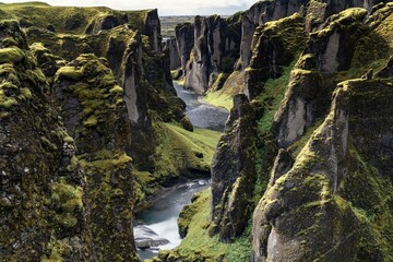 horizontal view of the Fjadrargljufur Canyon in southeast Iceland