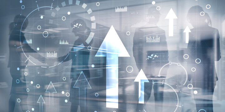 Business intelligence dashboard and arrows up, key performance indicators on a virtual screen computer interface - Powered by Adobe