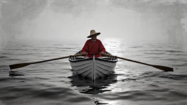 A lone person rows a small boat through calm waters on a foggy day in a serene video Surreal Silliness concept Footage