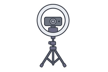 Camera on a tripod with a ring light set up for video recording in a home studio space