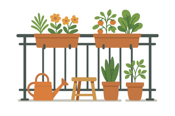 Plants and gardening tools on balcony with containers and watering can during daytime in a simple outdoor space