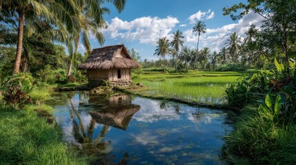 Tranquil rural landscape with traditional hut surrounded by lush green rice fields and palm trees under a bright blue sky with fluffy white clouds