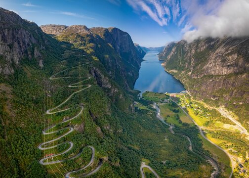 view of the hairpin turns of the Lysebotn road leading from Kierag mountain pass to Lysebotn village on the Lysefjorden
