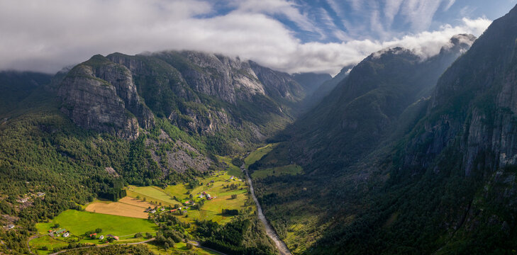 view of the Lyseelvi River and mountains at the end of the Lysefjorden near Lysebotn