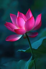 Vibrant pink lotus flower in full bloom, set against a dark, blurred background