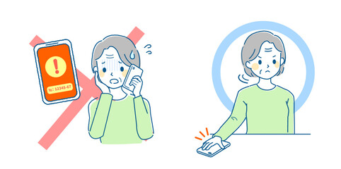 お年寄り女性のネット詐欺の啓発用イラスト