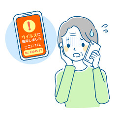 スマートフォンでネット詐欺に引っかかるお年寄り女性のイラスト