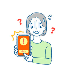 スマートフォンでネット詐欺に困惑するお年寄り女性のイラスト