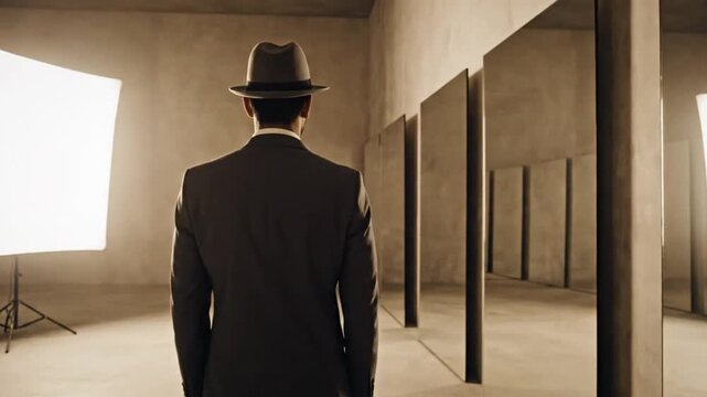 A man in a suit and hat stands in a room with mirrors and a softbox light source in a video. Surreal Silliness concept Footage