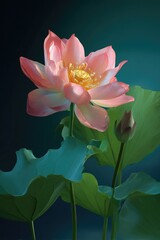 A vibrant lotus flower in full bloom, with bud and leaves, set against a dark background