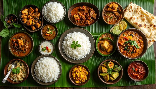 Traditional Sri Lankan meal setup on banana leaf, overhead shot, authentic cultural feel, no people, no text