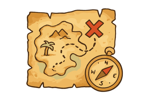 Treasure map shows path with compass and marked location for searching treasure on an unknown island