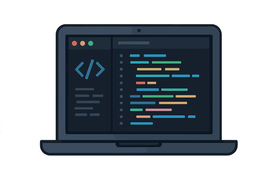 Coding on a laptop in a workspace showing colorful programming text with a dark background and clear interface