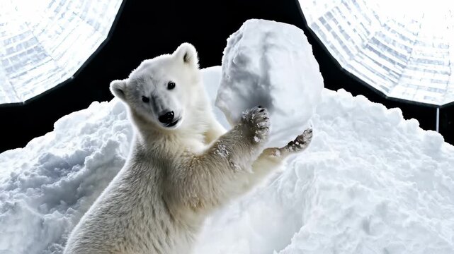 Adorable young polar bear cub playfully holding a large snowball in a snowy environment with soft studio lighting and a dark background for a charming wildlife portrait
