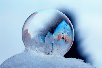 Delicate Frozen Bubble with Intricate Frost Patterns, copy space, natural background or wallpaper