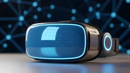 Vr headset device with glowing blue lights on digital background