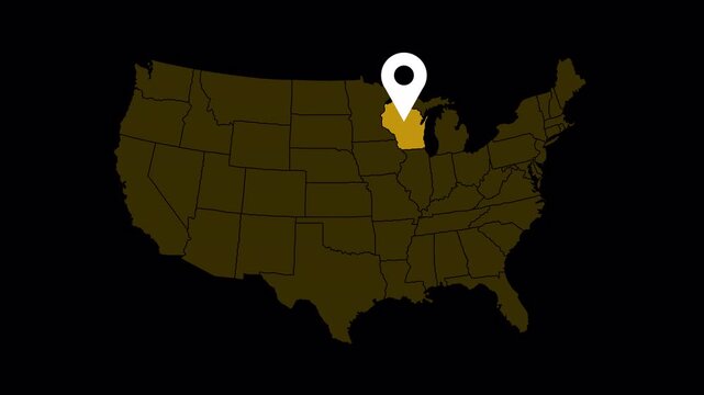 High quality 4K animation of the Wisconsin state map with a location pin marker. Clean motion graphic suitable for navigation, travel, business location, presentations