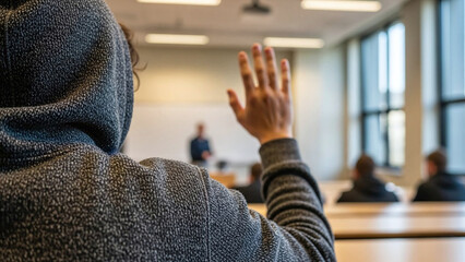 Student raising their hand in classroom for education