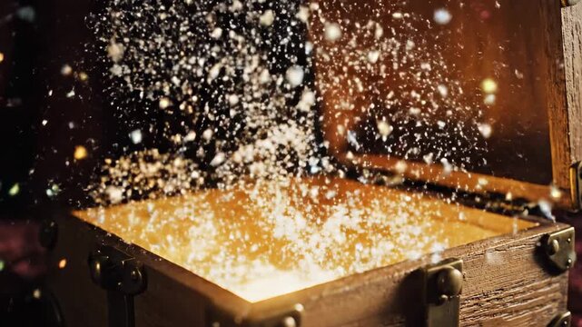 Wooden treasure chest opening with glowing light and sparkling particles emerging