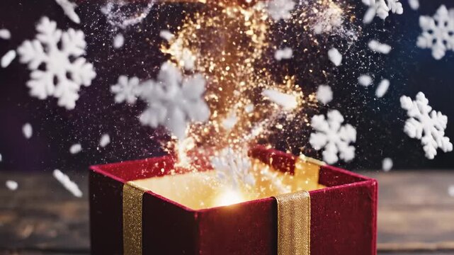 Gift box opening with sparkling light and falling snowflakes creating festive magic