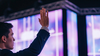 A man raising his hand at a conference or event, representing engagement and participation
