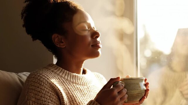 Woman enjoying warm beverage while relaxing in cozy indoor setting with sunlight