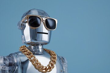 Stylish silver robot with sunglasses and gold chain on blue background