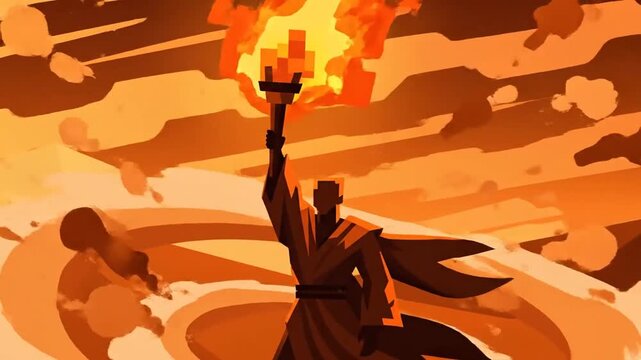 Animated Fantasy Character Holds Up Torch Through Desert Amidst Blown Sand Cartoon Style