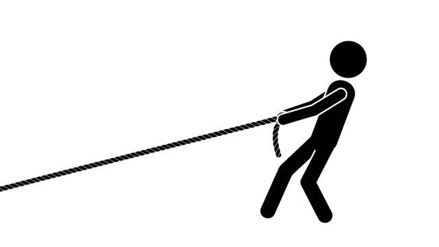 Determined stick figure pulling heavy rope with effort on isolated white background