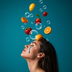 Visual metaphor portrait with floating fruit and translucent bubbles representing emotion, vibrant colors, surreal atmosphere
