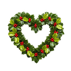Heart-shaped holly wreath isolated on white background