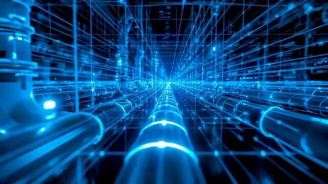 Blue Glowing Digital Tunnel Corridor Infinite Grid Lines Perspective Technology Background