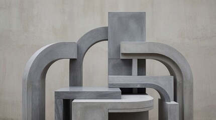 Architectural concrete composition featuring stacked geometric forms and repeating arch motifs creating a modern brutalist abstract sculpture display