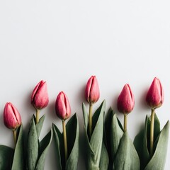 Six red tulips in a row against a white background, their green leaves visible