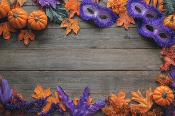 Rustic wooden surface with autumn foliage, pumpkins, and masquerade masks forming a border
