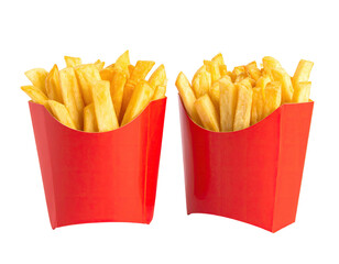 Two portions of golden-fried potato sticks in classic red paper containers, isolated on black