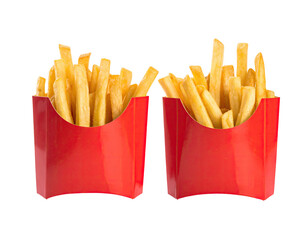 Two portions of golden, crispy, and cooked potato sticks in red containers, isolated