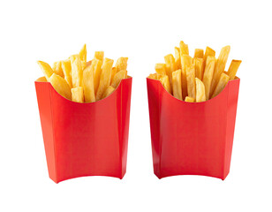 Two portions of golden-fried potato sticks in classic red paper containers, isolated on black (1)