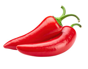 Two vibrant red chili peppers with green stems, isolated against a solid black background