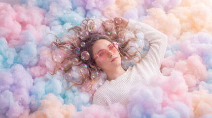 Surreal Portrait of Woman in Clouds with Heart Sunglasses and Bubbles