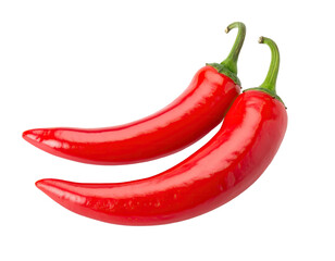 Two vibrant red chili peppers, long and glossy, isolated on a stark black background